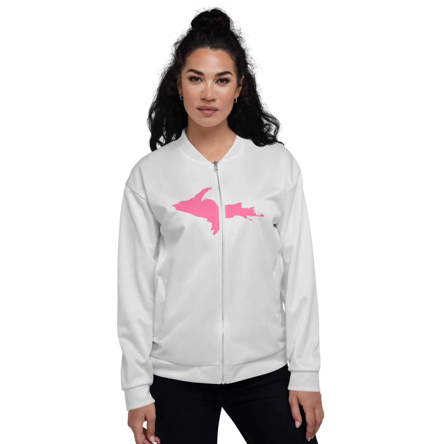 Michigan Upper Peninsula Bomber Jacket (w/ Large Pink UP Outline) | Birch Bark White