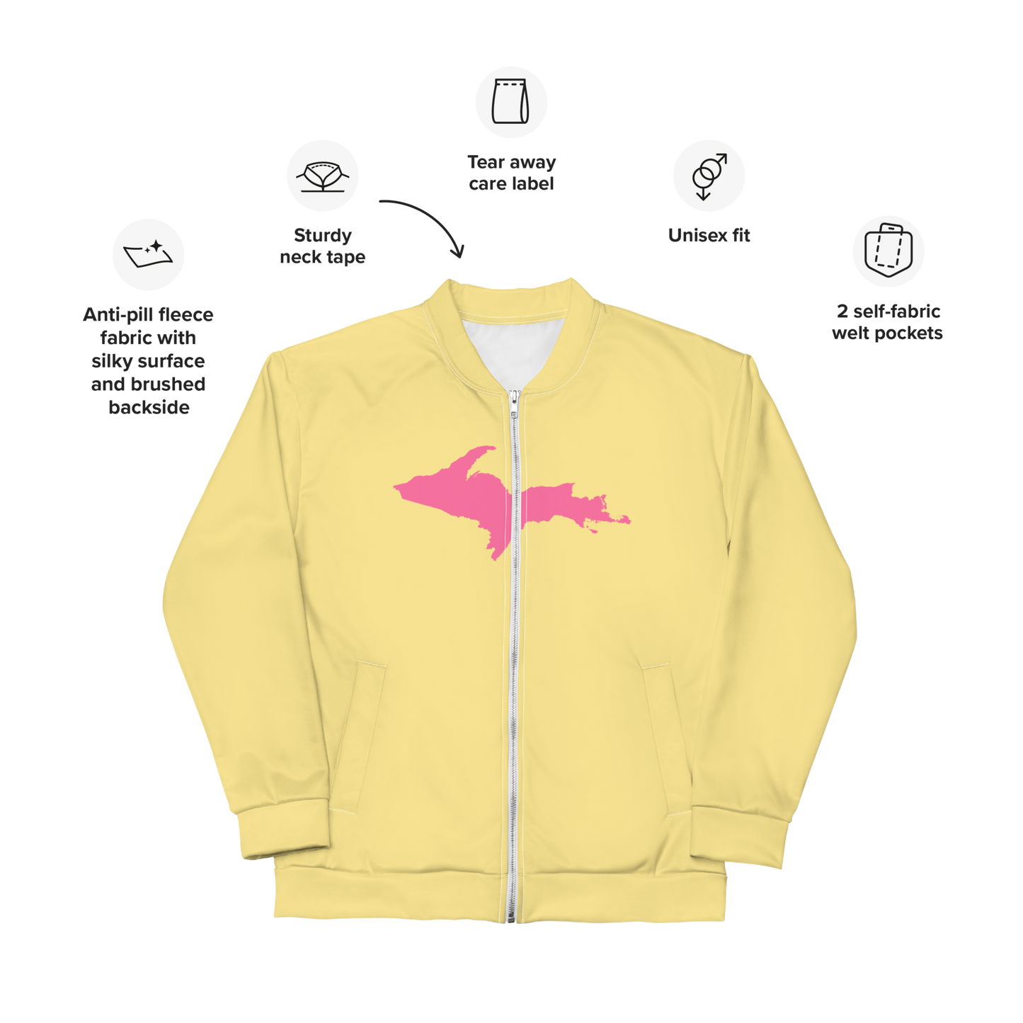 Michigan Upper Peninsula Bomber Jacket (w/ Large Pink UP Outline) | Cherry Yellow