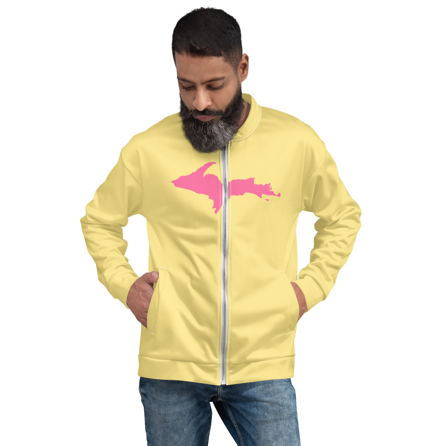 Michigan Upper Peninsula Bomber Jacket (w/ Large Pink UP Outline) | Cherry Yellow