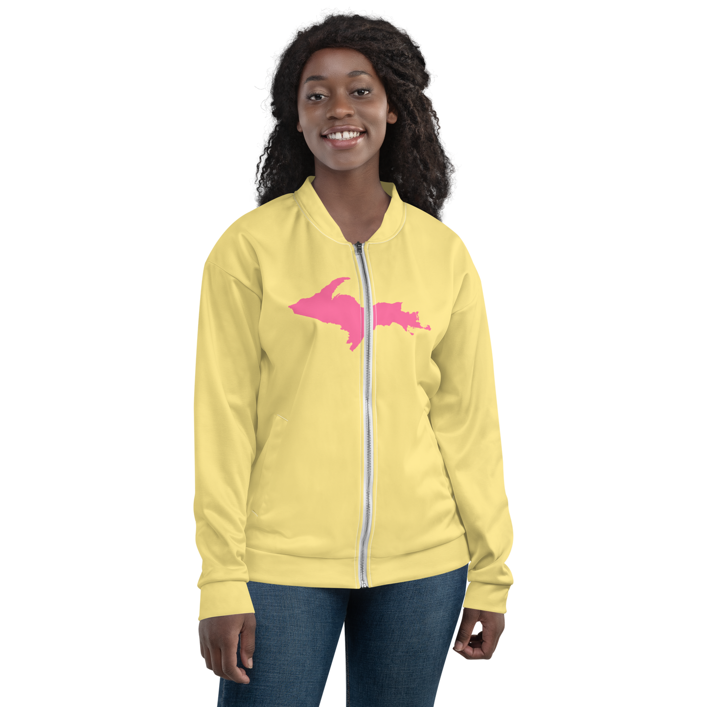 Michigan Upper Peninsula Bomber Jacket (w/ Large Pink UP Outline) | Cherry Yellow