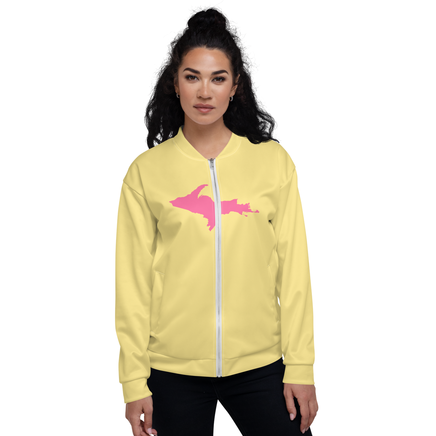 Michigan Upper Peninsula Bomber Jacket (w/ Large Pink UP Outline) | Cherry Yellow