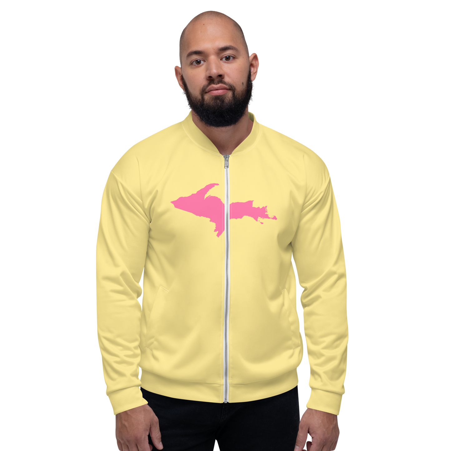 Michigan Upper Peninsula Bomber Jacket (w/ Large Pink UP Outline) | Cherry Yellow