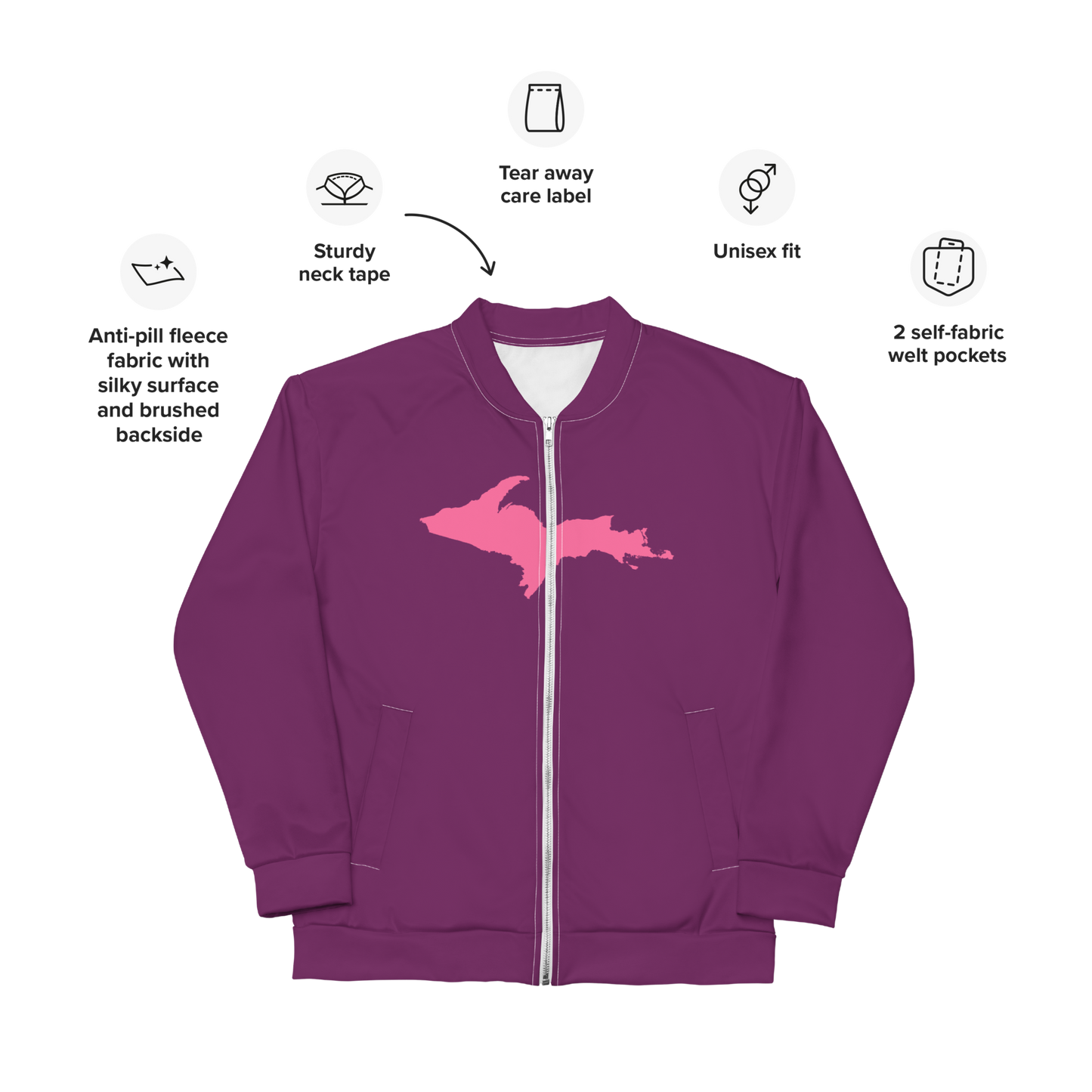 Michigan Upper Peninsula Bomber Jacket (w/ Large Pink UP Outline) | Plum