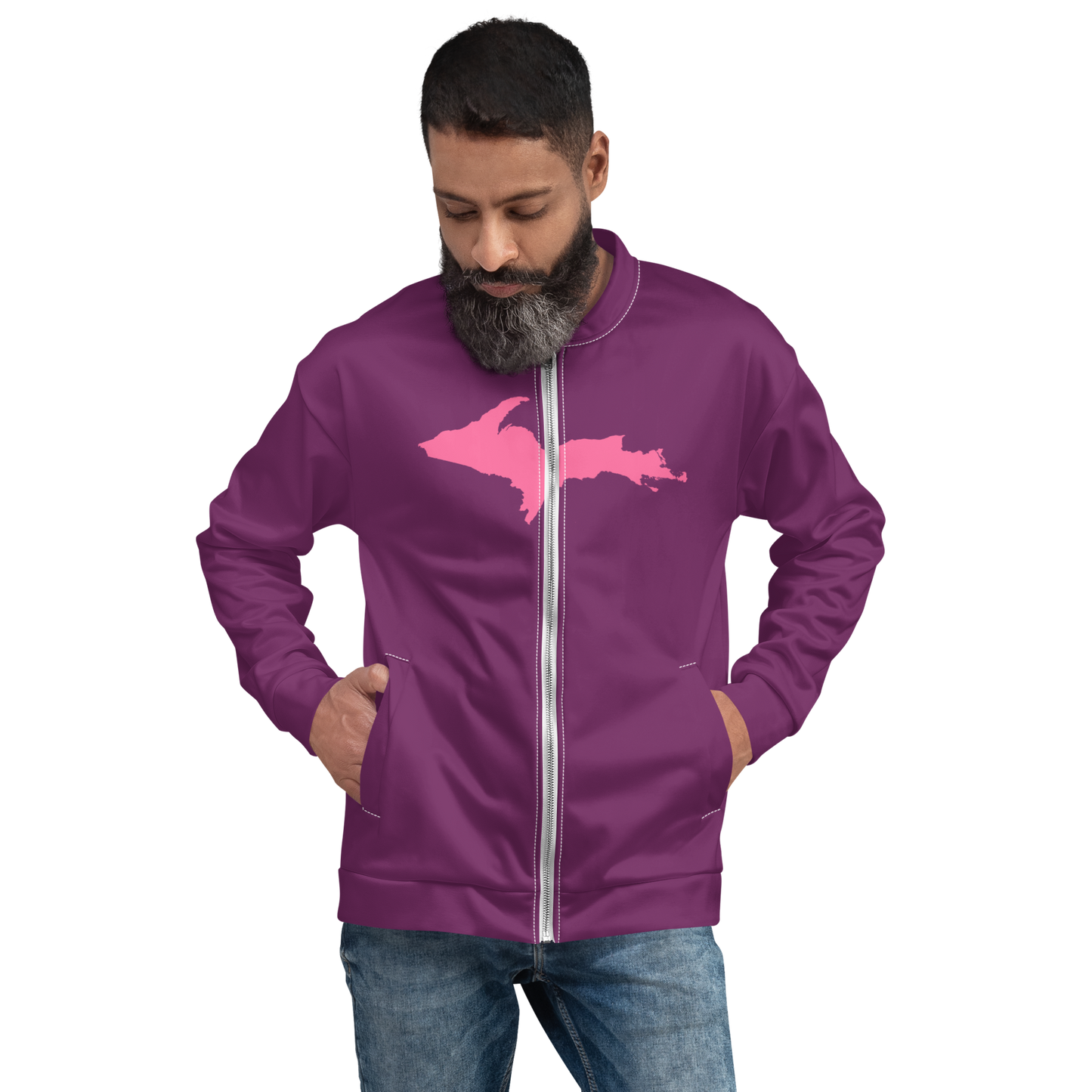 Michigan Upper Peninsula Bomber Jacket (w/ Large Pink UP Outline) | Plum