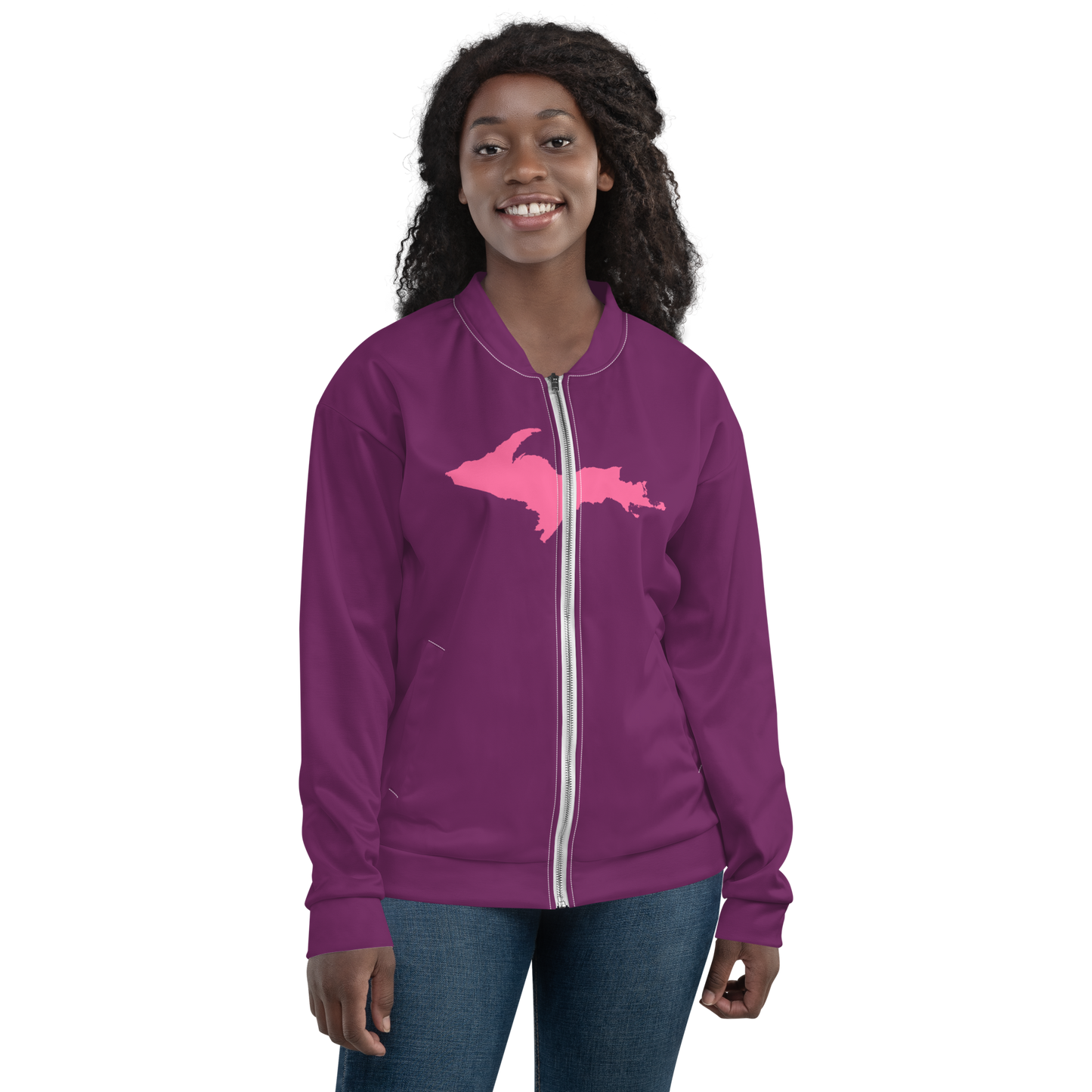 Michigan Upper Peninsula Bomber Jacket (w/ Large Pink UP Outline) | Plum