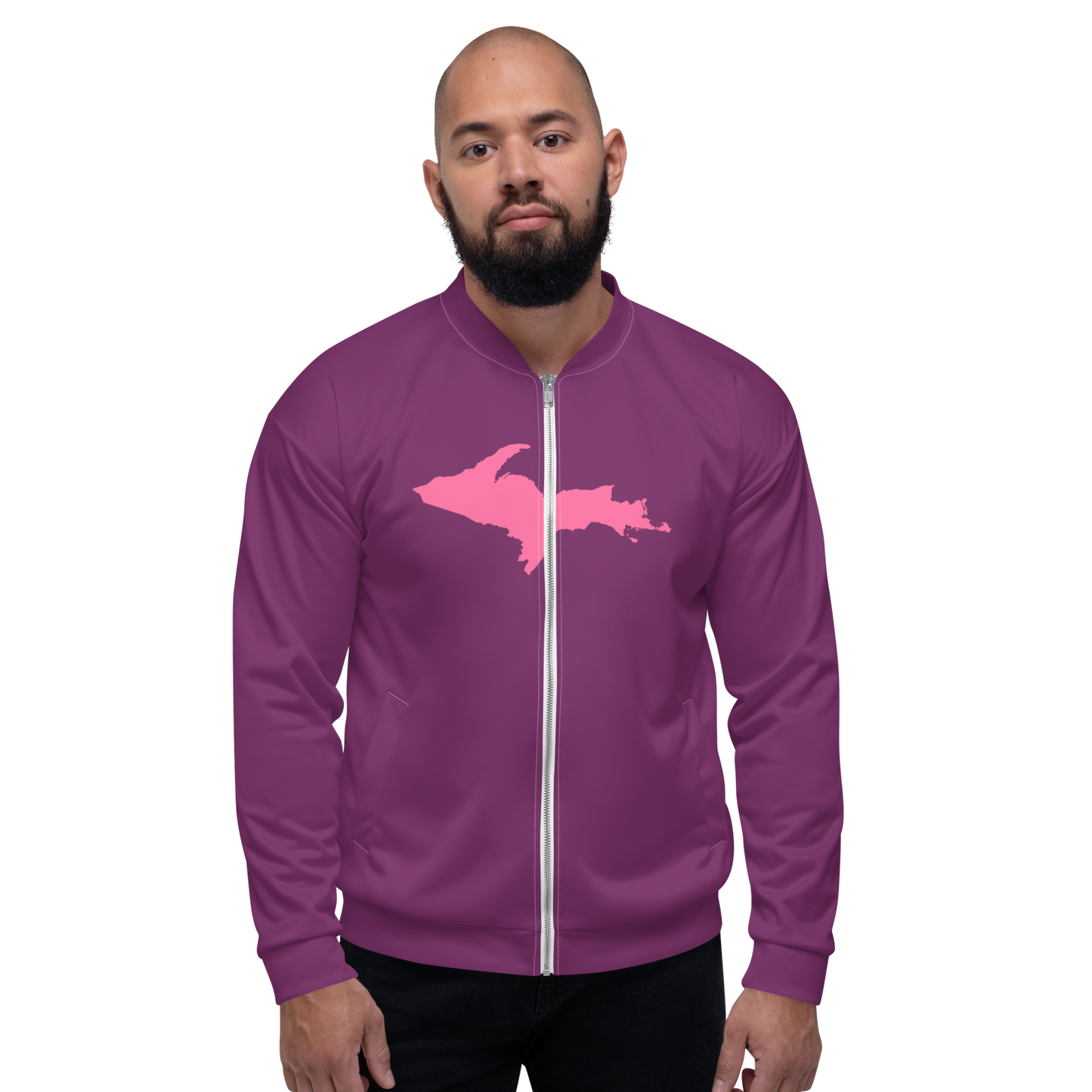 Michigan Upper Peninsula Bomber Jacket (w/ Large Pink UP Outline) | Plum