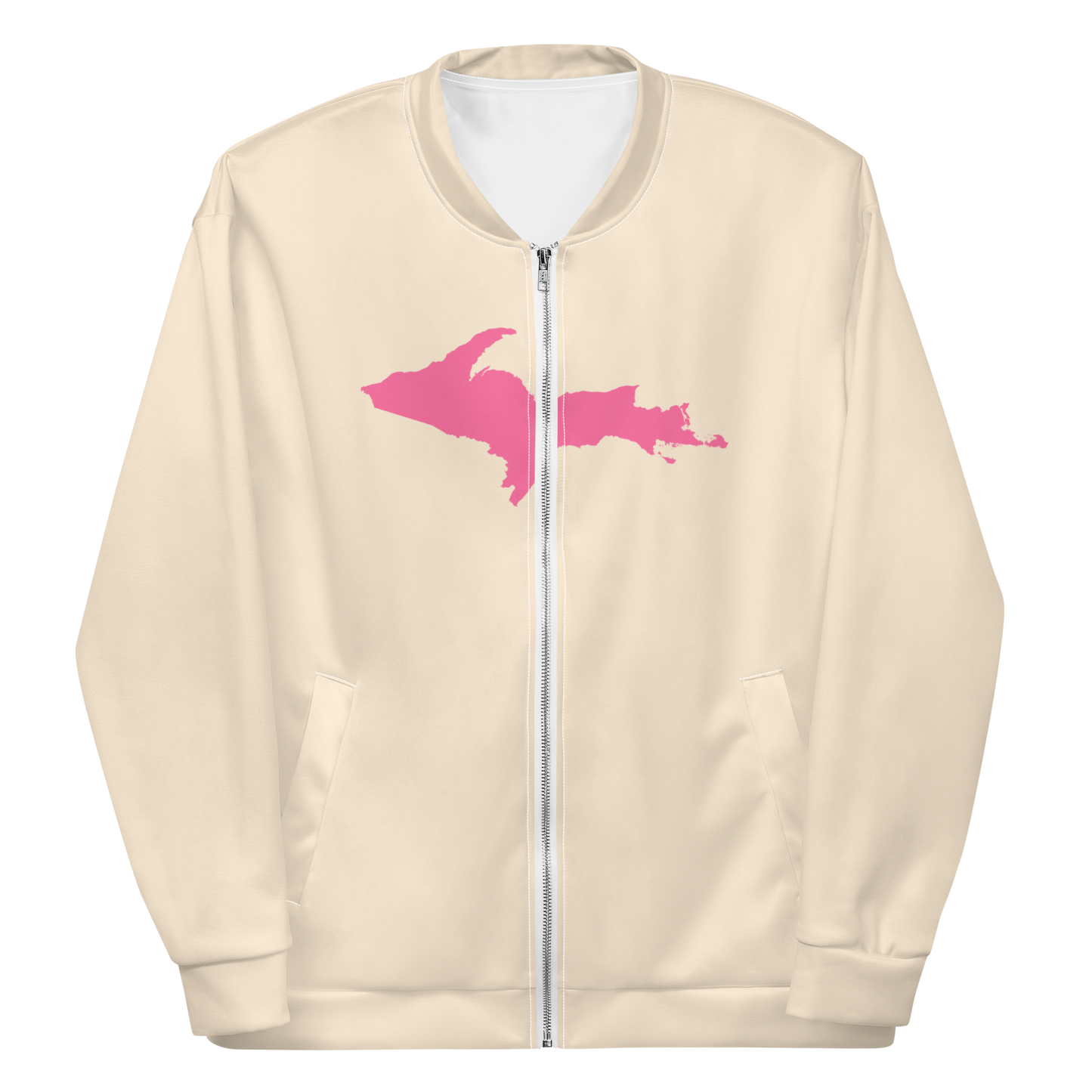 Michigan Upper Peninsula Bomber Jacket (w/ Large Pink UP Outline) | Champagne White