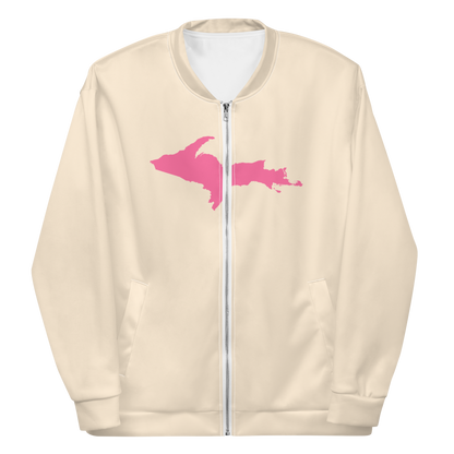 Michigan Upper Peninsula Bomber Jacket (w/ Large Pink UP Outline) | Champagne White