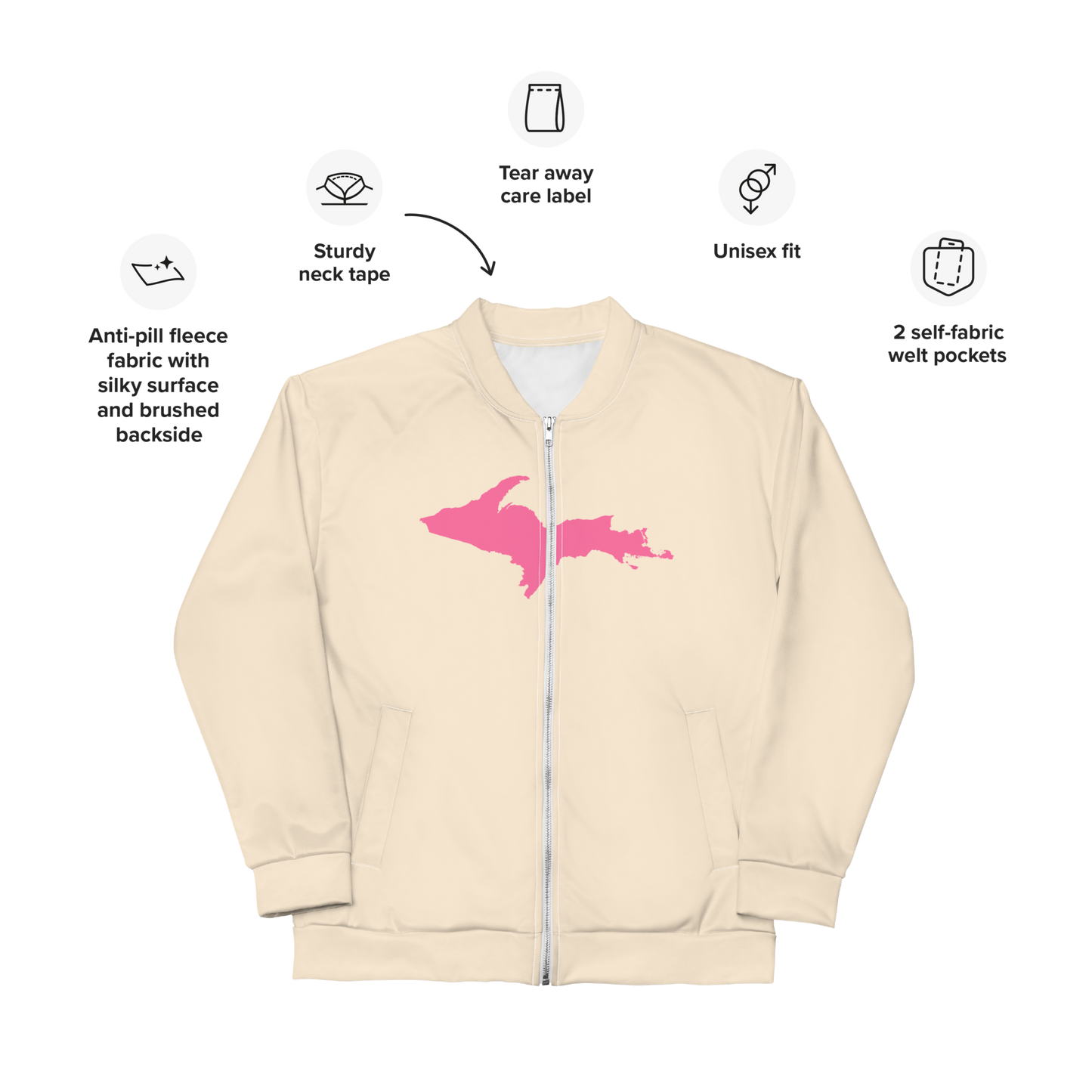 Michigan Upper Peninsula Bomber Jacket (w/ Large Pink UP Outline) | Champagne White