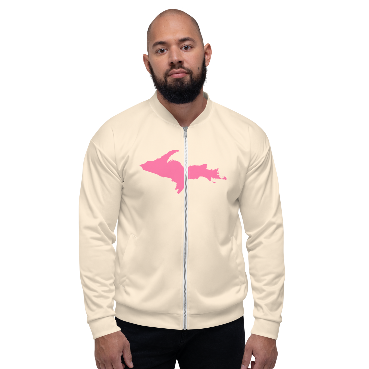 Michigan Upper Peninsula Bomber Jacket (w/ Large Pink UP Outline) | Champagne White