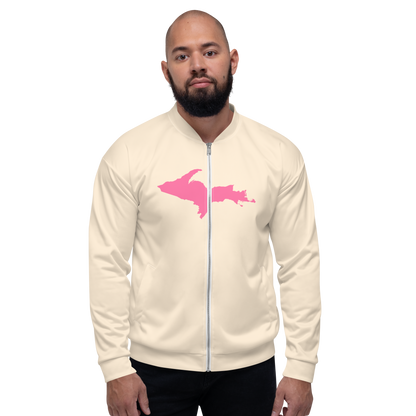 Michigan Upper Peninsula Bomber Jacket (w/ Large Pink UP Outline) | Champagne White