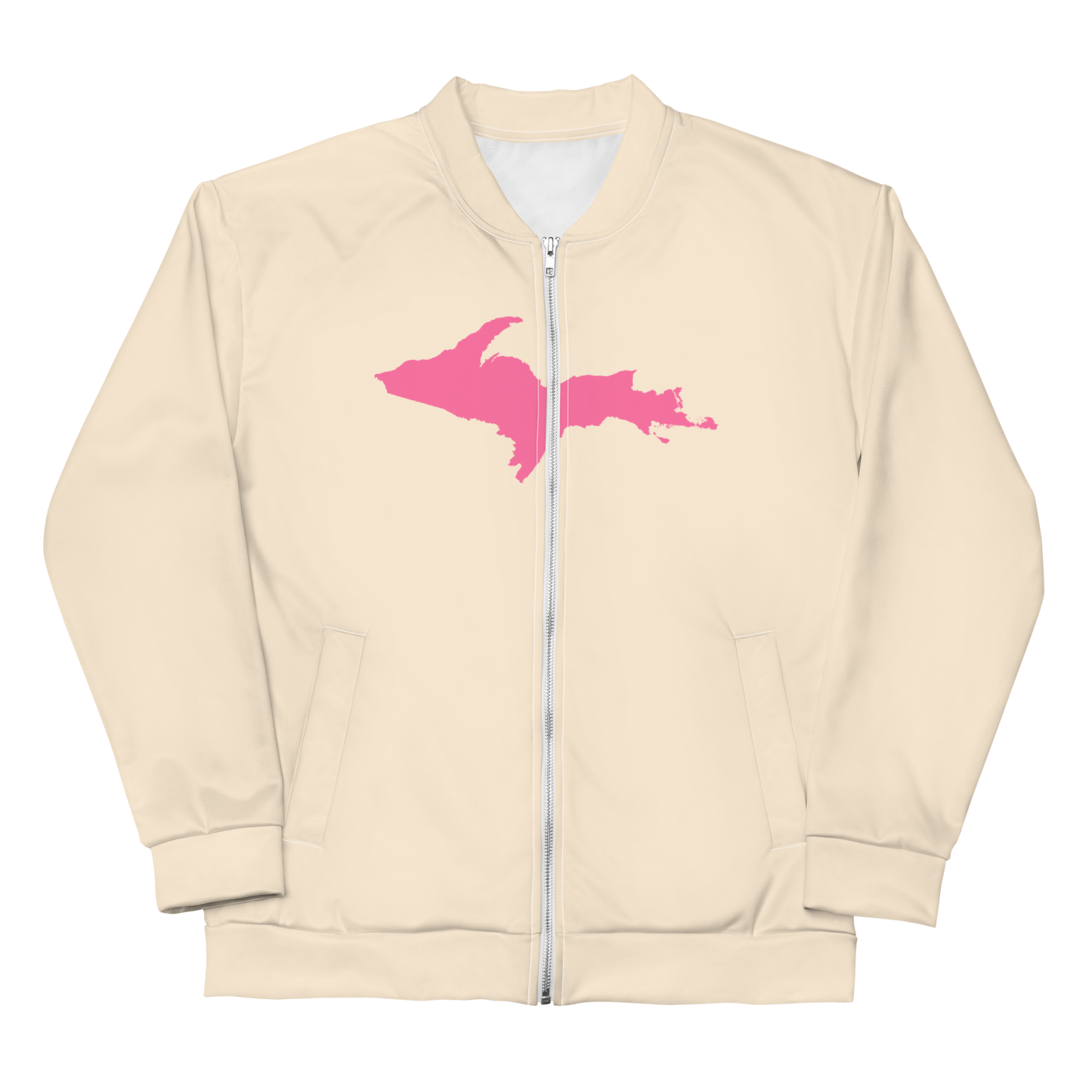 Michigan Upper Peninsula Bomber Jacket (w/ Large Pink UP Outline) | Champagne White