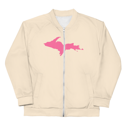 Michigan Upper Peninsula Bomber Jacket (w/ Large Pink UP Outline) | Champagne White