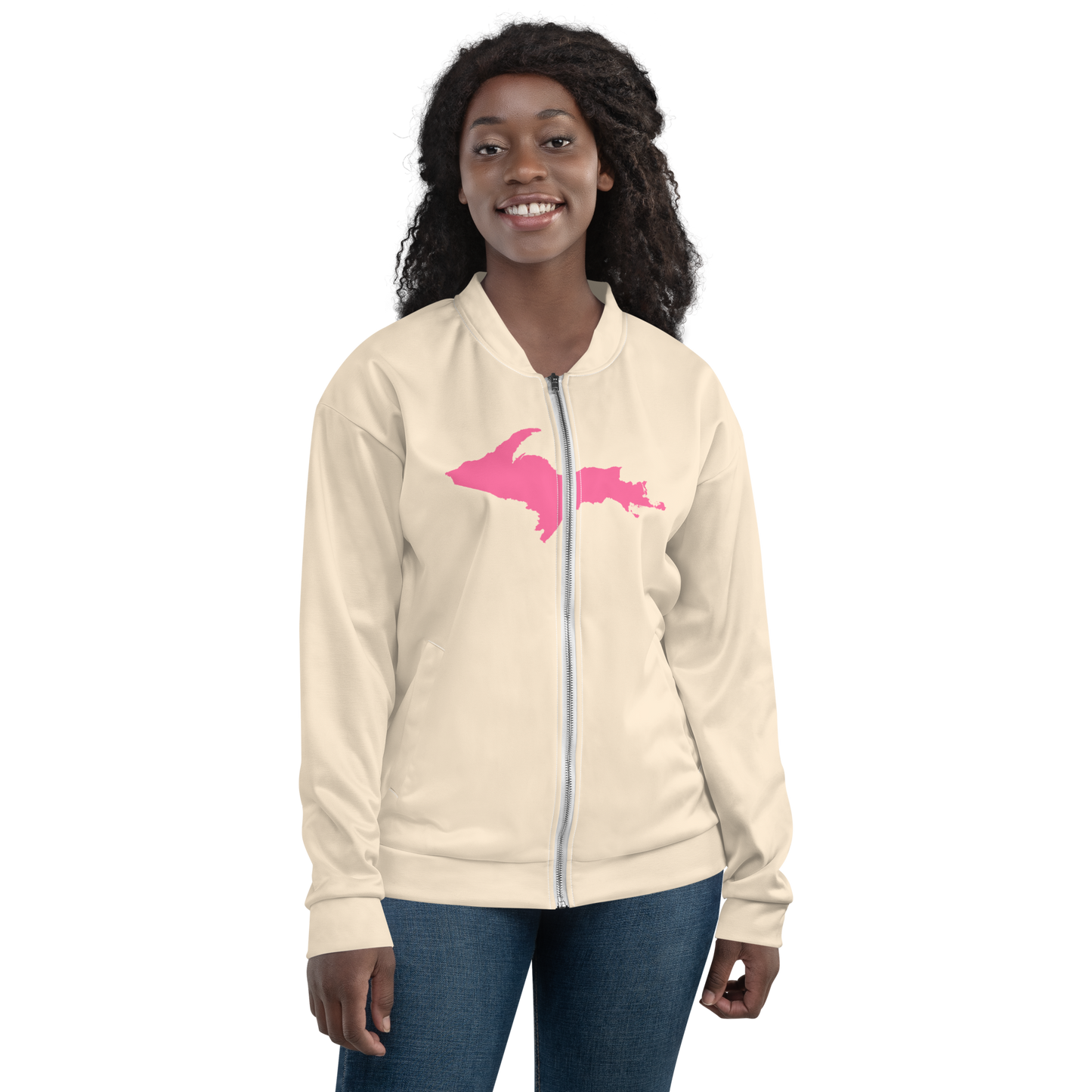 Michigan Upper Peninsula Bomber Jacket (w/ Large Pink UP Outline) | Champagne White