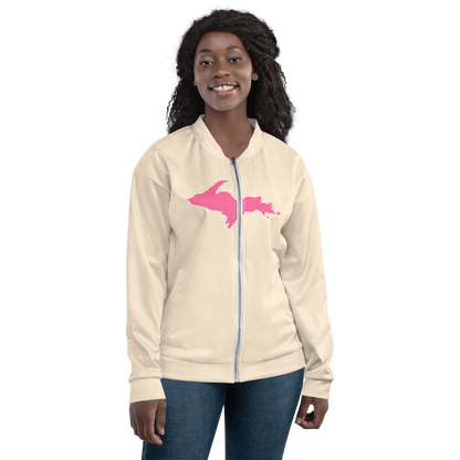 Michigan Upper Peninsula Bomber Jacket (w/ Large Pink UP Outline) | Champagne White