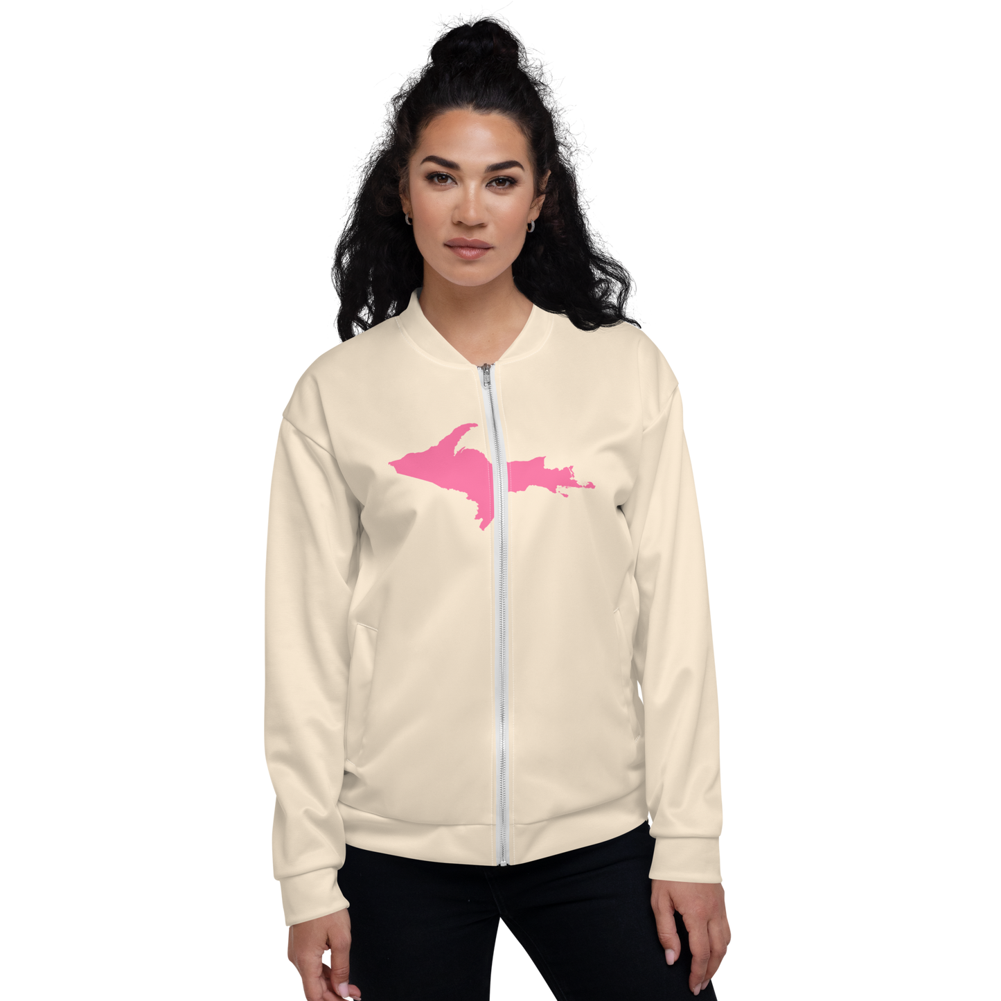 Michigan Upper Peninsula Bomber Jacket (w/ Large Pink UP Outline) | Champagne White