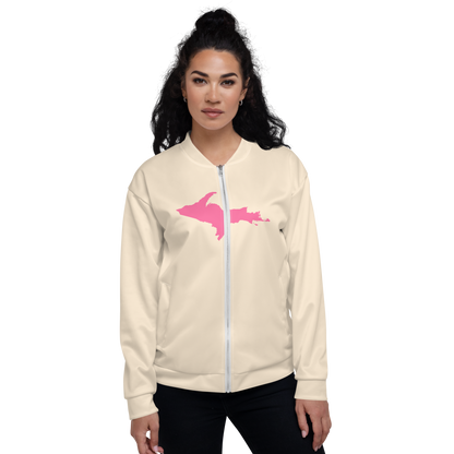 Michigan Upper Peninsula Bomber Jacket (w/ Large Pink UP Outline) | Champagne White