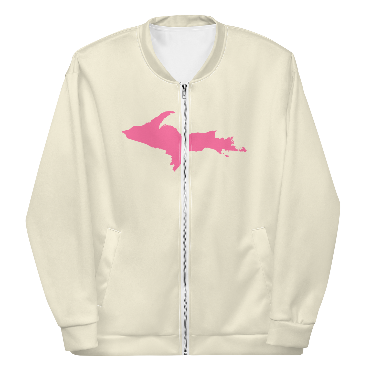 Michigan Upper Peninsula Bomber Jacket (w/ Large Pink UP Outline) | Ivory White