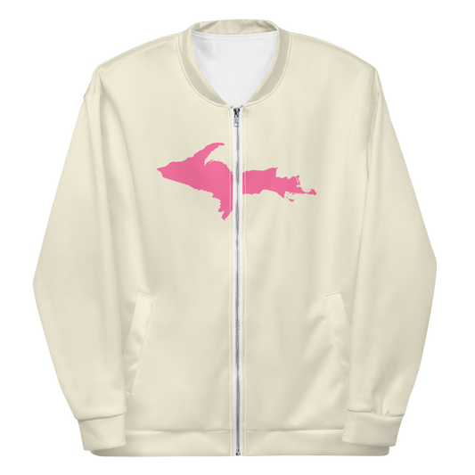 Michigan Upper Peninsula Bomber Jacket (w/ Large Pink UP Outline) | Ivory White