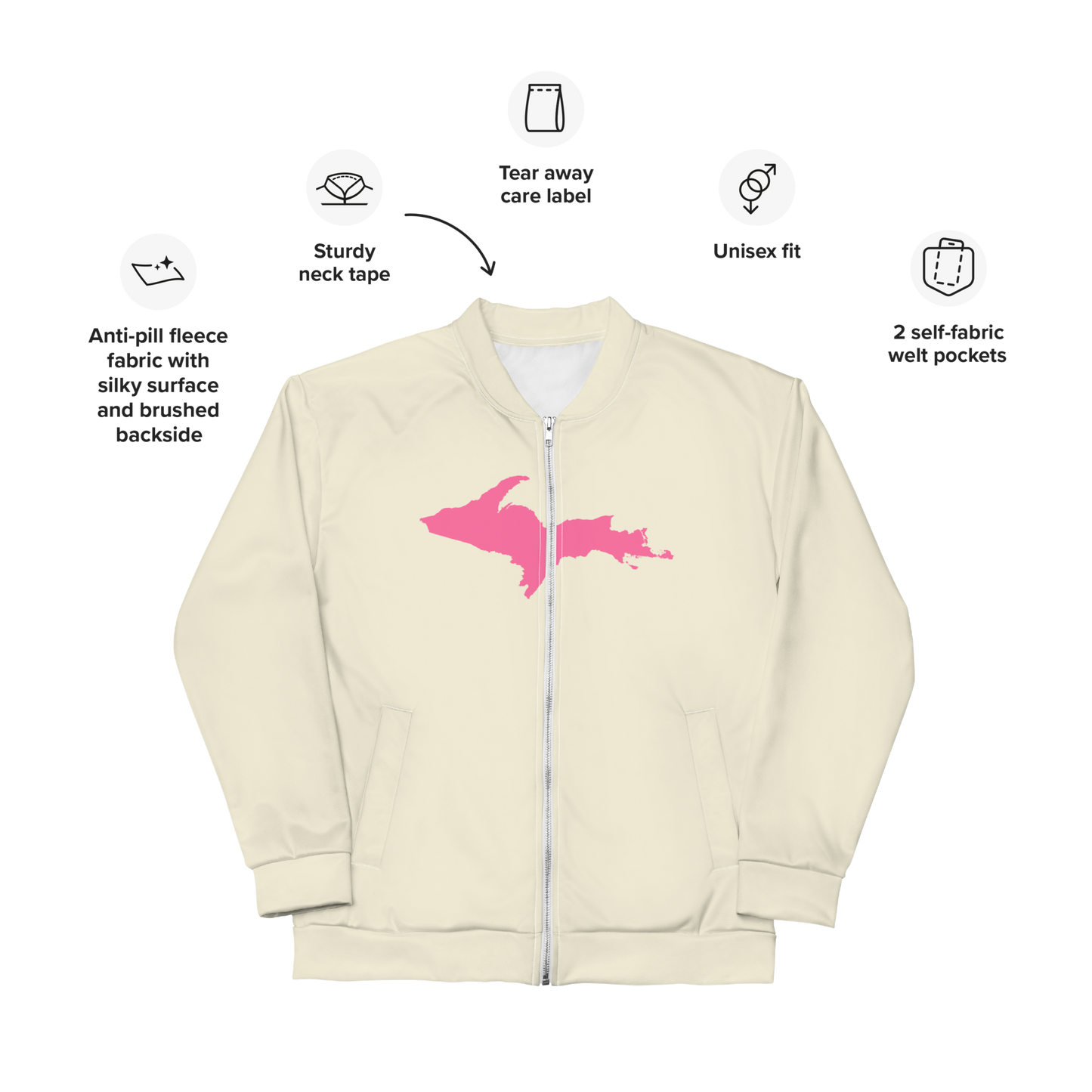 Michigan Upper Peninsula Bomber Jacket (w/ Large Pink UP Outline) | Ivory White