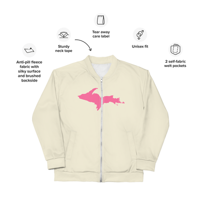 Michigan Upper Peninsula Bomber Jacket (w/ Large Pink UP Outline) | Ivory White