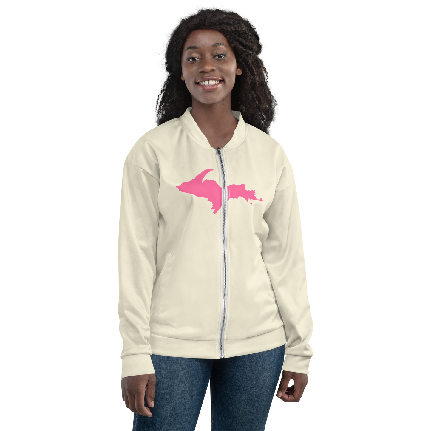 Michigan Upper Peninsula Bomber Jacket (w/ Large Pink UP Outline) | Ivory White