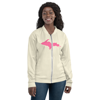 Michigan Upper Peninsula Bomber Jacket (w/ Large Pink UP Outline) | Ivory White