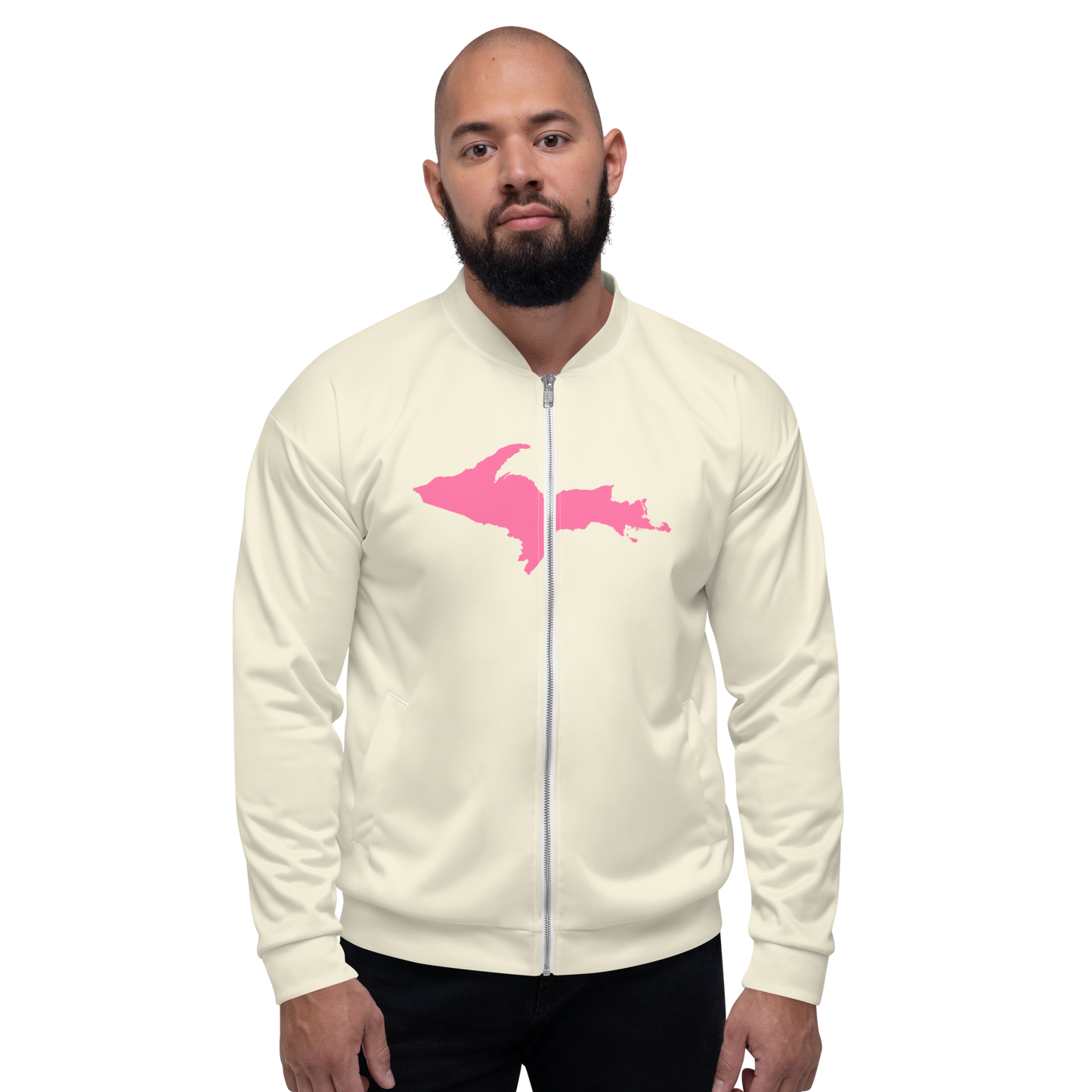 Michigan Upper Peninsula Bomber Jacket (w/ Large Pink UP Outline) | Ivory White