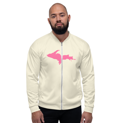 Michigan Upper Peninsula Bomber Jacket (w/ Large Pink UP Outline) | Ivory White