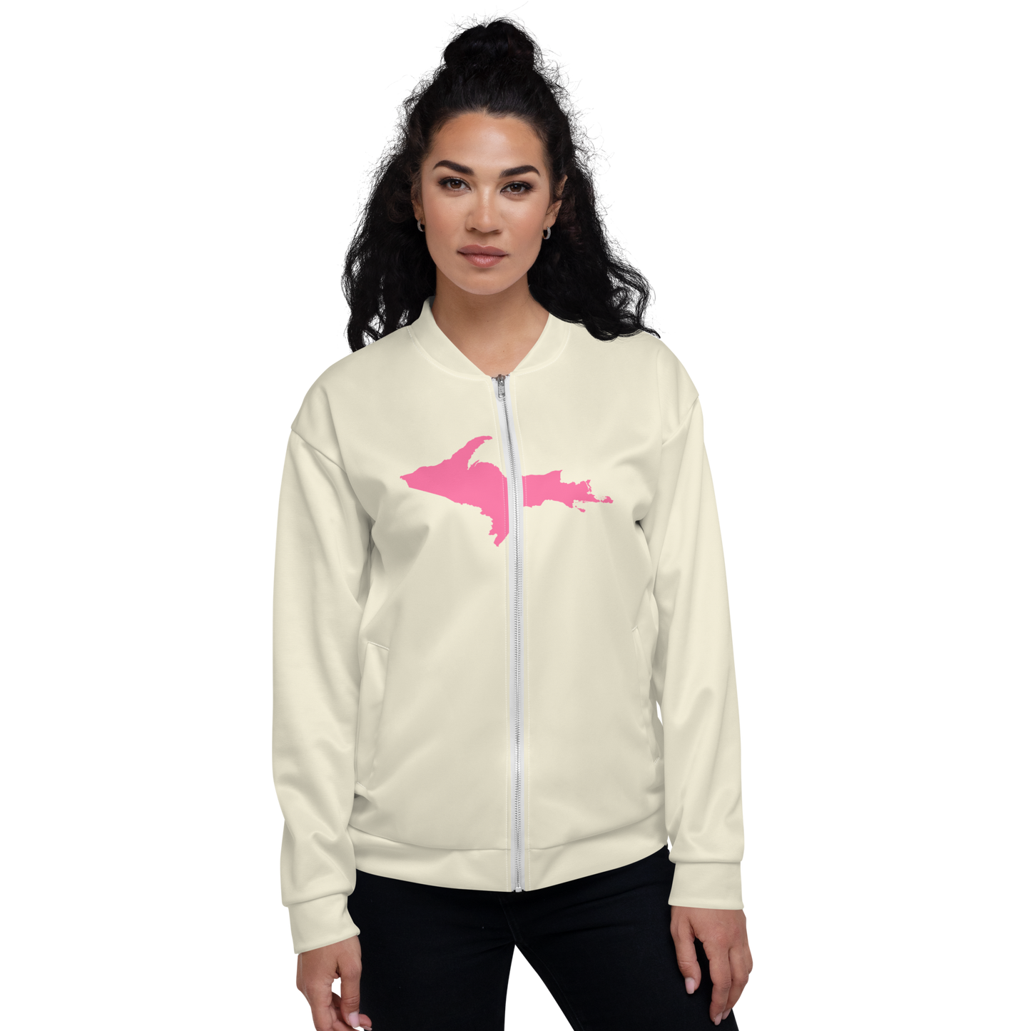 Michigan Upper Peninsula Bomber Jacket (w/ Large Pink UP Outline) | Ivory White