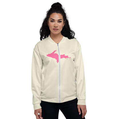 Michigan Upper Peninsula Bomber Jacket (w/ Large Pink UP Outline) | Ivory White