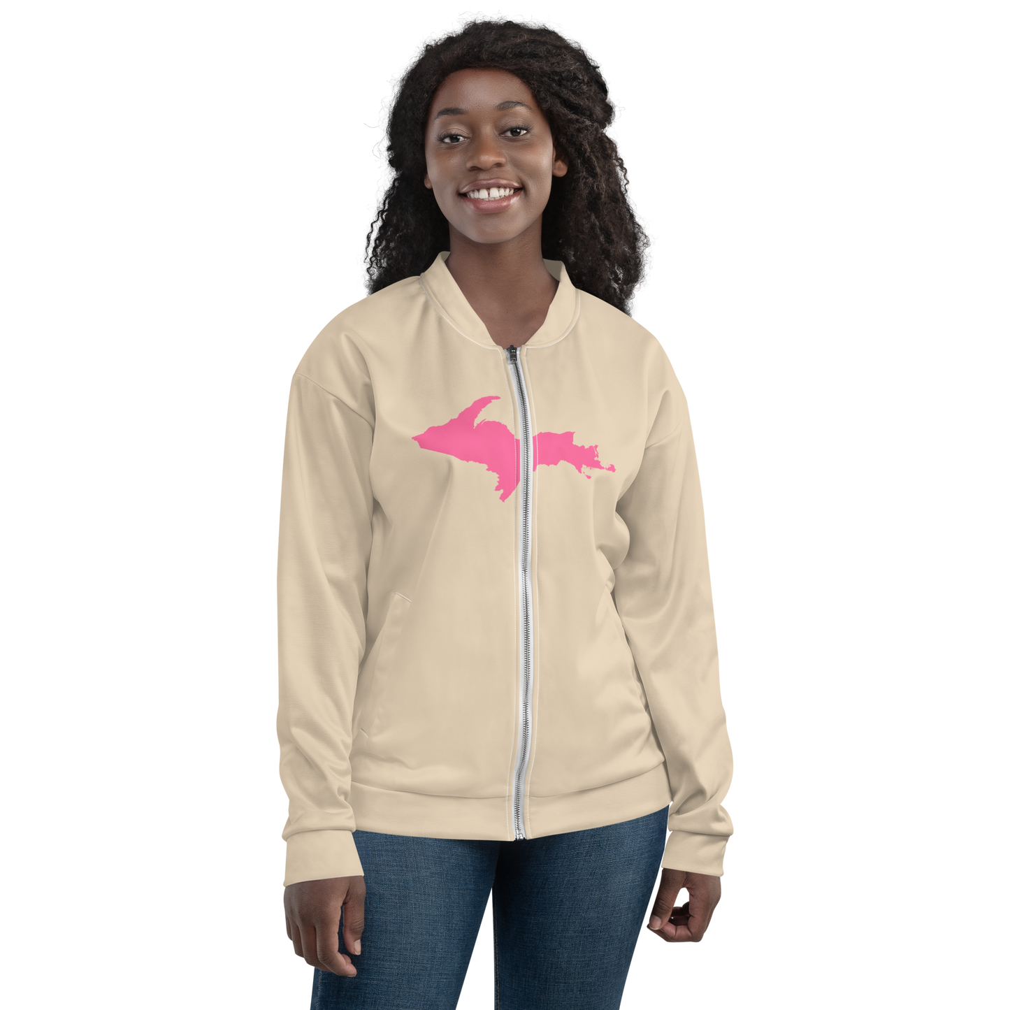 Michigan Upper Peninsula Bomber Jacket (w/ Large Pink UP Outline) | Canvas Color