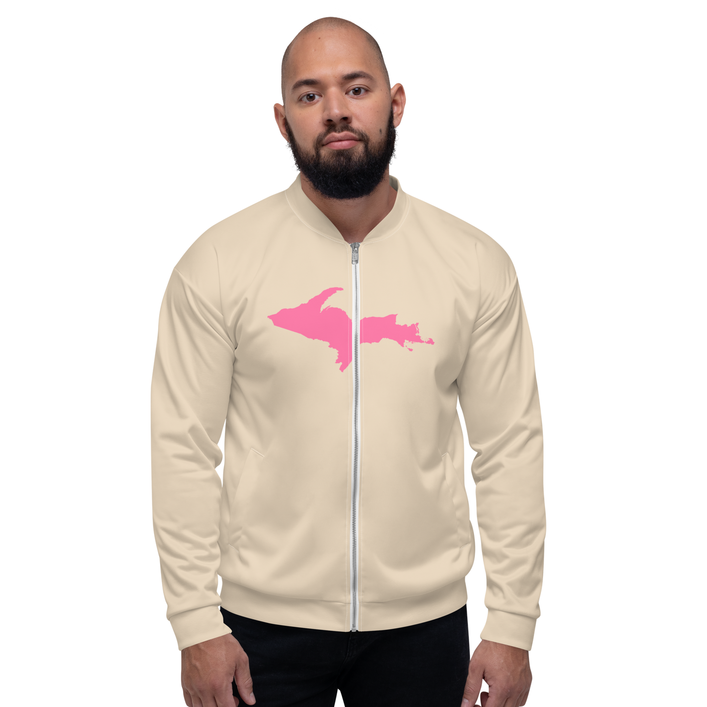 Michigan Upper Peninsula Bomber Jacket (w/ Large Pink UP Outline) | Canvas Color