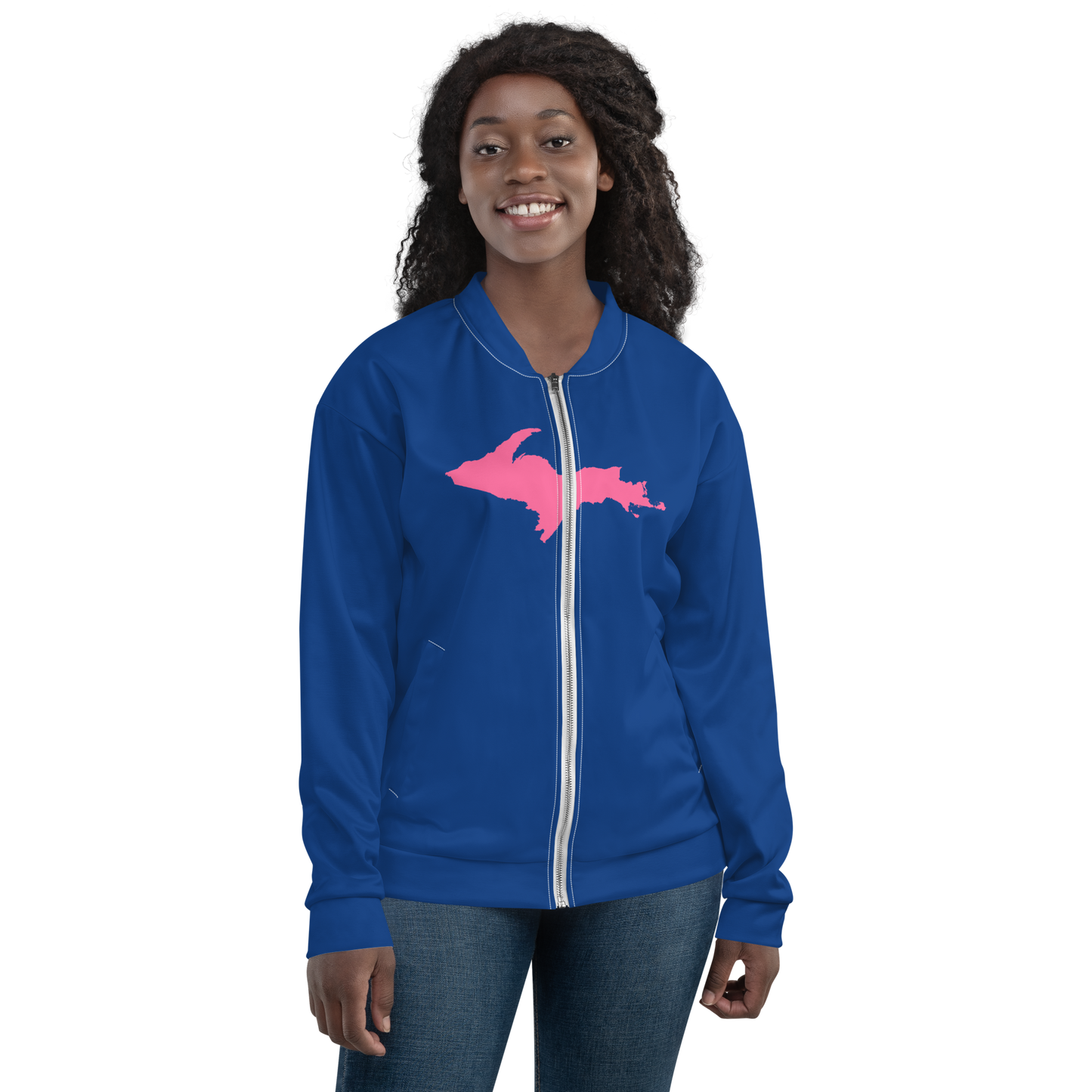 Michigan Upper Peninsula Bomber Jacket (w/ Large Pink UP Outline) | Dearborn Blue