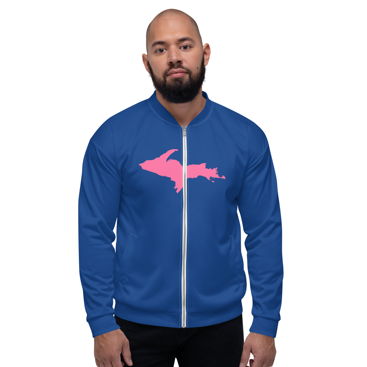 Michigan Upper Peninsula Bomber Jacket (w/ Large Pink UP Outline) | Dearborn Blue