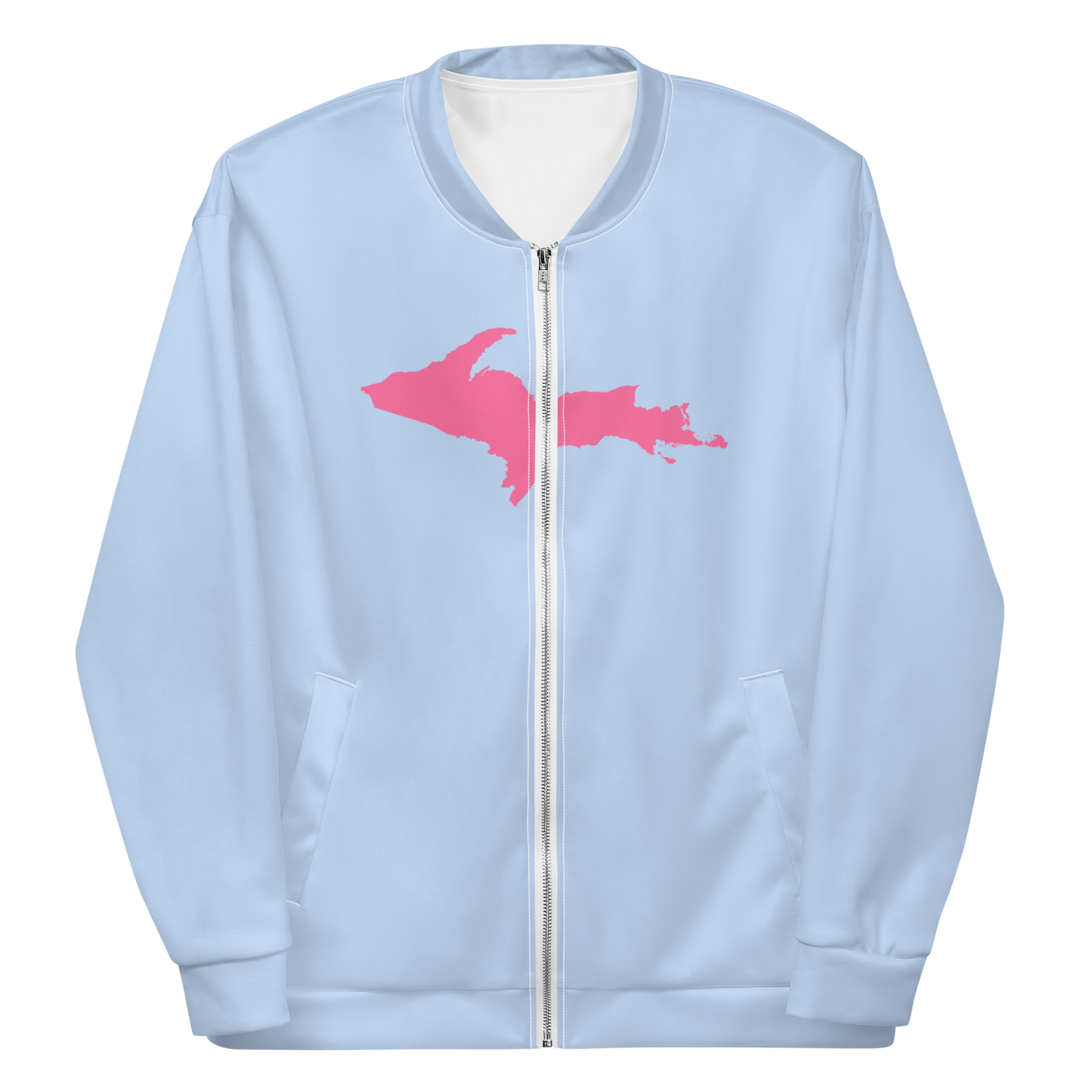 Michigan Upper Peninsula Bomber Jacket (w/ Large Pink UP Outline) | Light Blue