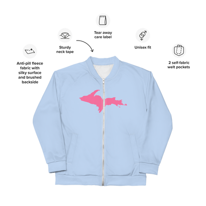 Michigan Upper Peninsula Bomber Jacket (w/ Large Pink UP Outline) | Light Blue