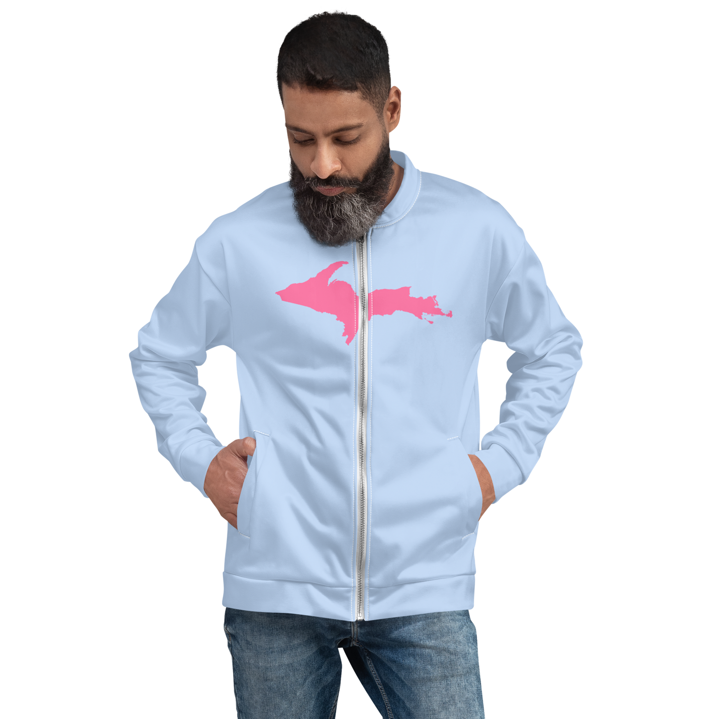 Michigan Upper Peninsula Bomber Jacket (w/ Large Pink UP Outline) | Light Blue