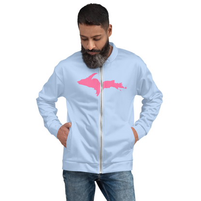 Michigan Upper Peninsula Bomber Jacket (w/ Large Pink UP Outline) | Light Blue