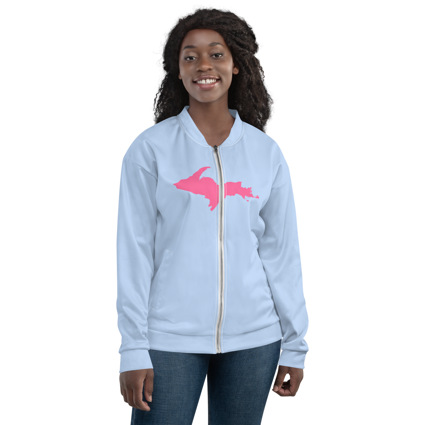 Michigan Upper Peninsula Bomber Jacket (w/ Large Pink UP Outline) | Light Blue