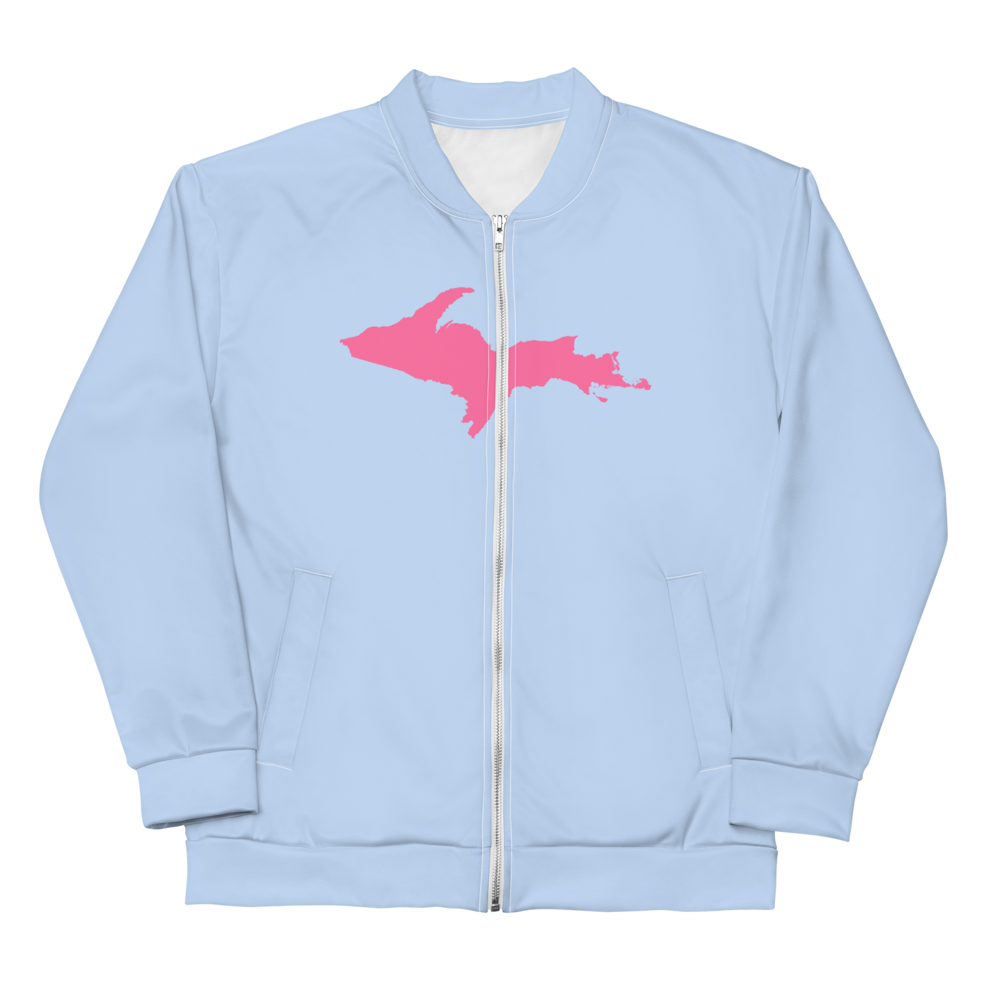 Michigan Upper Peninsula Bomber Jacket (w/ Large Pink UP Outline) | Light Blue