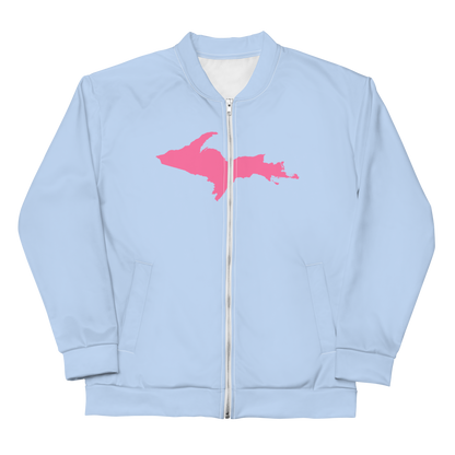 Michigan Upper Peninsula Bomber Jacket (w/ Large Pink UP Outline) | Light Blue