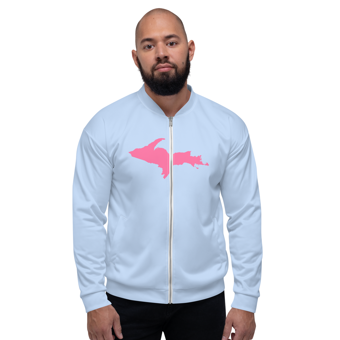 Michigan Upper Peninsula Bomber Jacket (w/ Large Pink UP Outline) | Light Blue