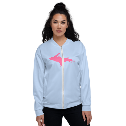 Michigan Upper Peninsula Bomber Jacket (w/ Large Pink UP Outline) | Light Blue