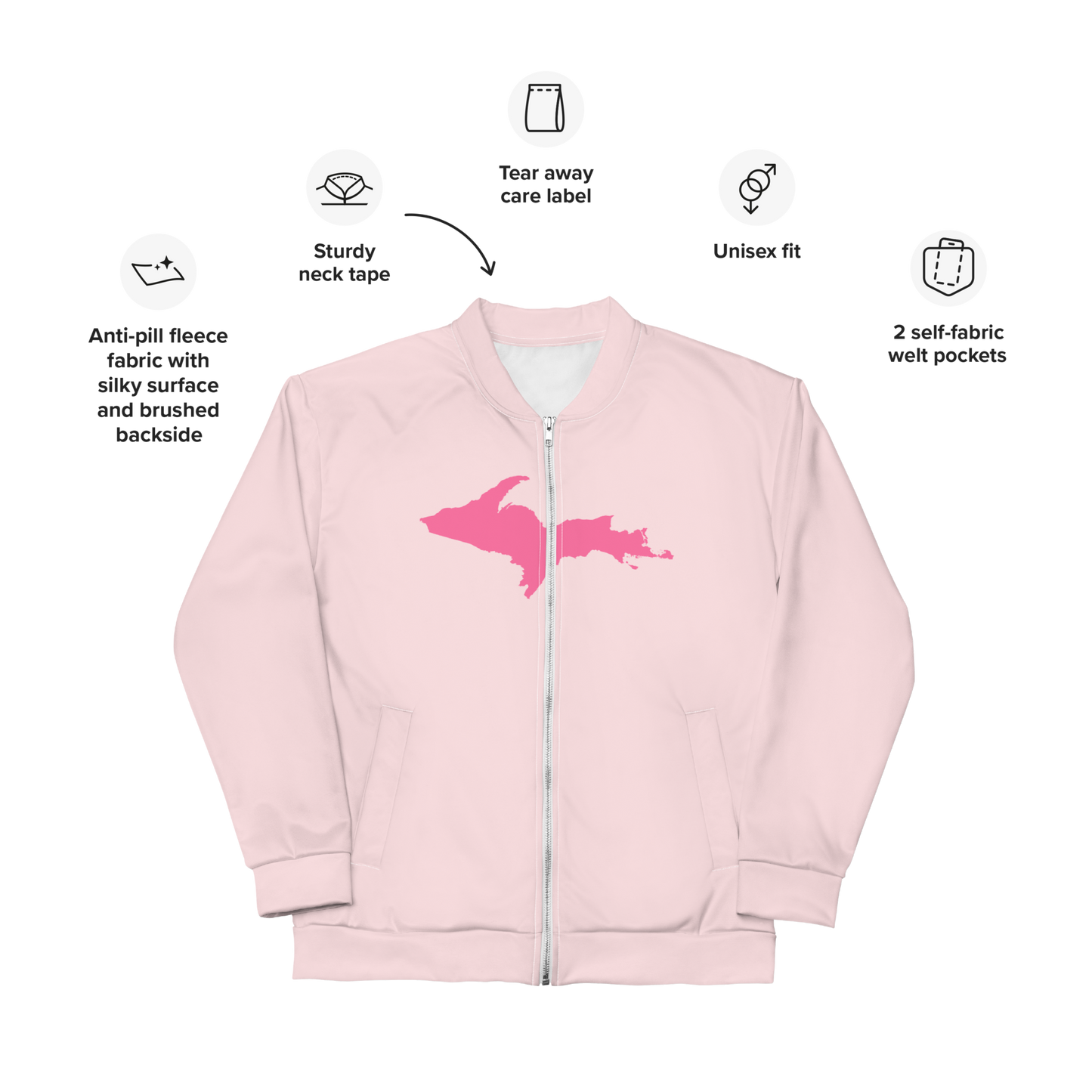 Michigan Upper Peninsula Bomber Jacket (w/ Large Pink UP Outline) | Pale Pink