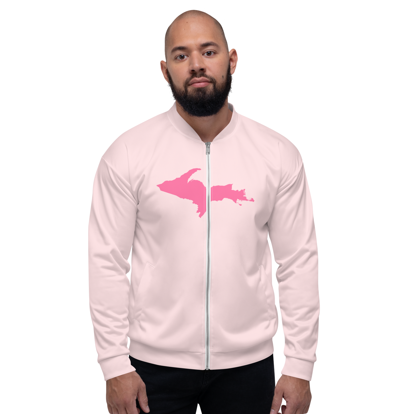 Michigan Upper Peninsula Bomber Jacket (w/ Large Pink UP Outline) | Pale Pink