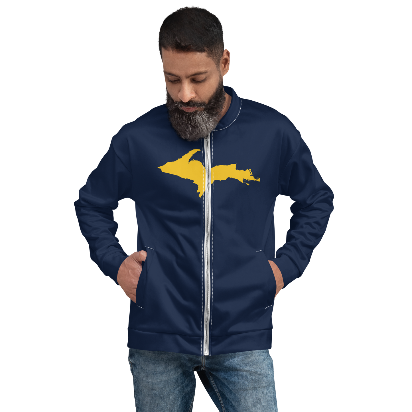 Michigan Upper Peninsula Bomber Jacket (w/ Large Gold UP Outline) | Navy