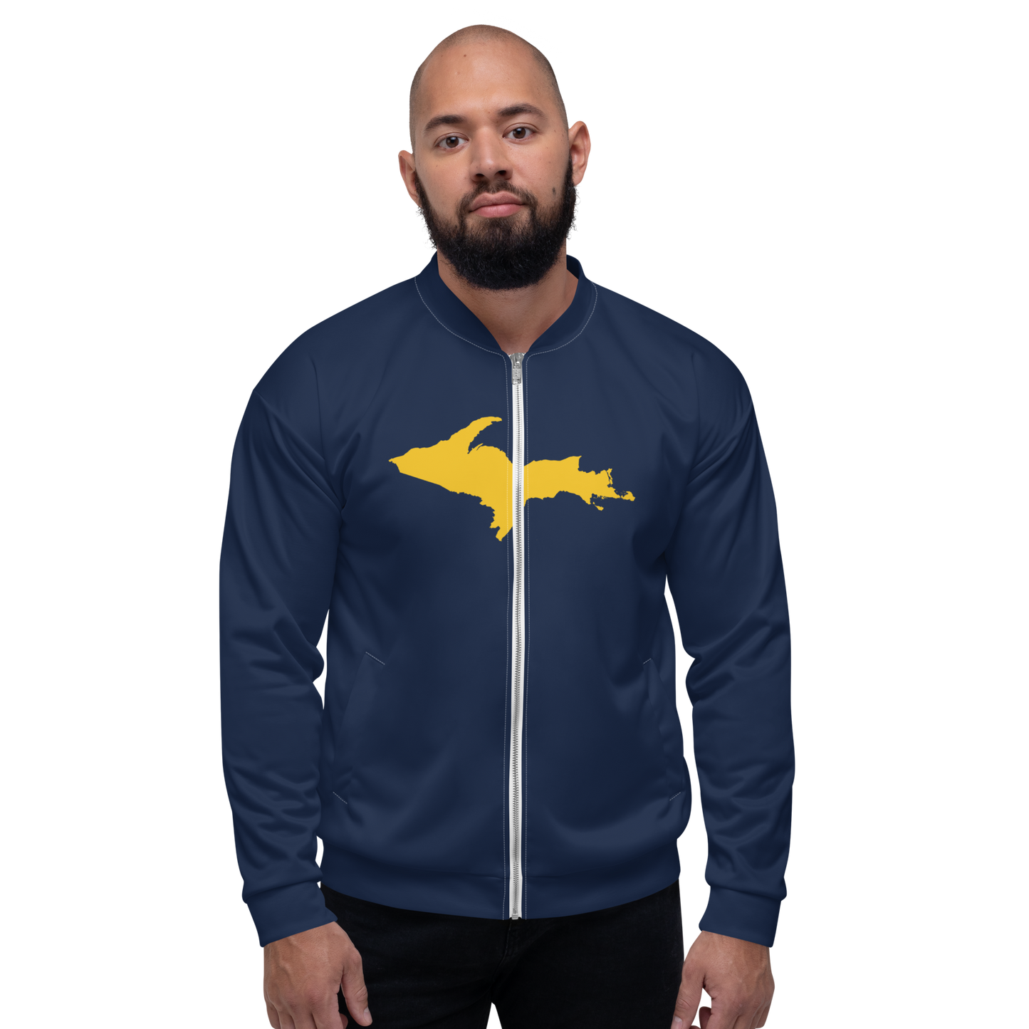 Michigan Upper Peninsula Bomber Jacket (w/ Large Gold UP Outline) | Navy