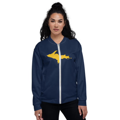 Michigan Upper Peninsula Bomber Jacket (w/ Large Gold UP Outline) | Navy