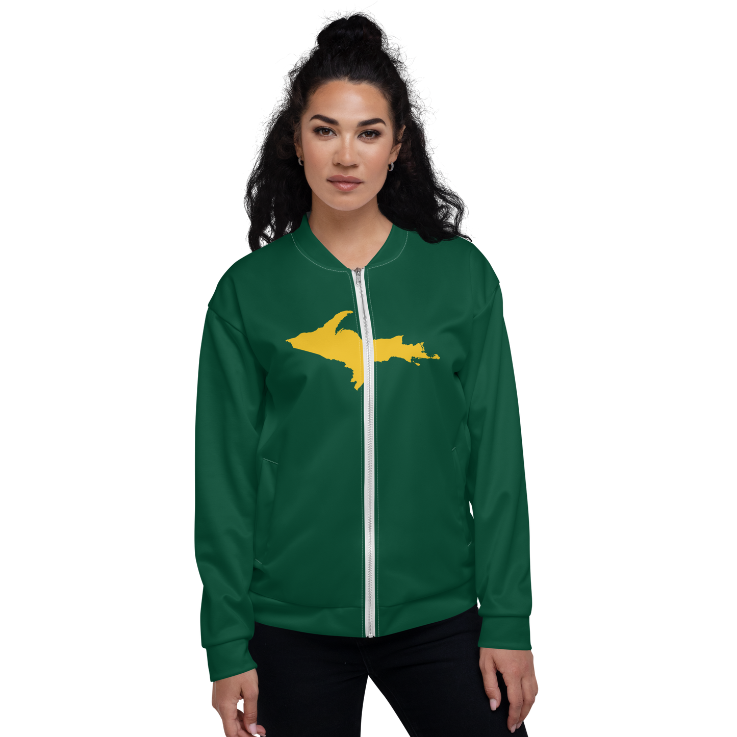 Michigan Upper Peninsula Bomber Jacket (w/ Large Gold UP Outline) | Green